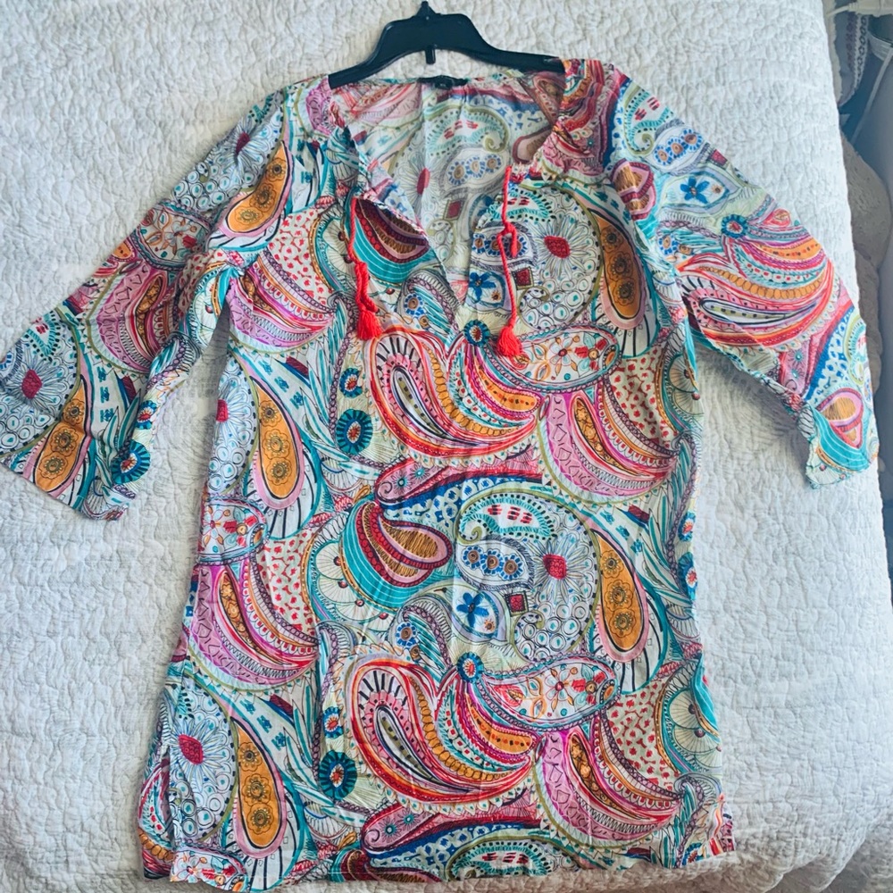 J Crew Ratti Multicolor Scribble Paisley Print Tassel Tie Beach Tunic / Cover-up